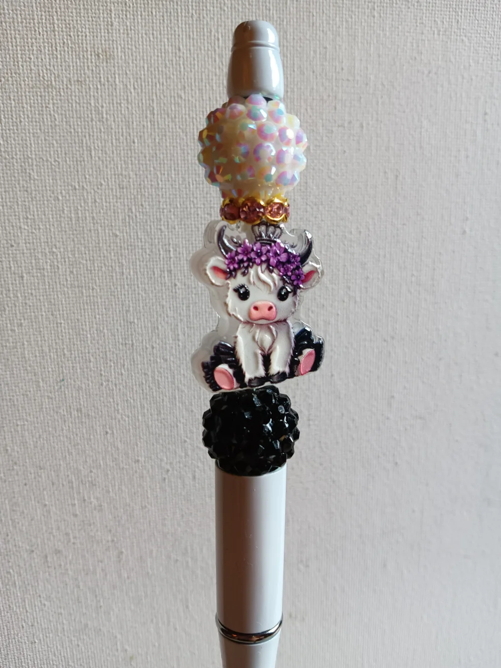 Cute White Cow Beaded Pen - Decorative Pink & Purple Accent